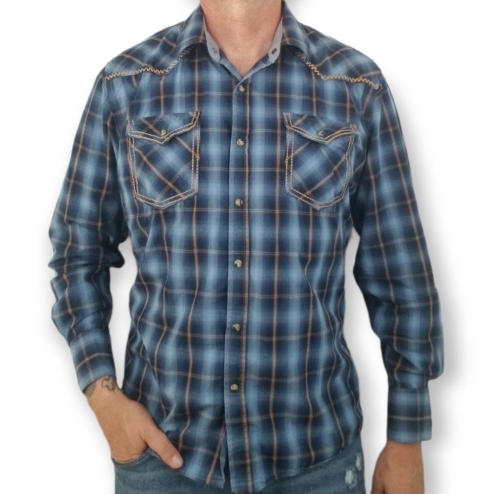 Retro Tempco Blue Plaid Western Snap Shirt sz XL